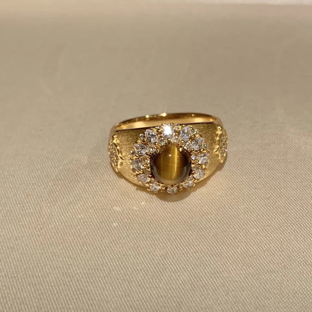 Bague De Luxe Vintage En Œil De Tigre Naturel Avec Strass Scintillants