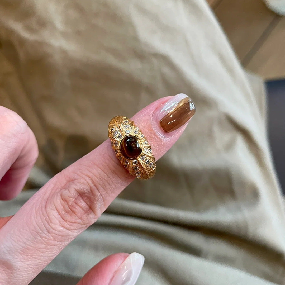Bague De Luxe Vintage En Œil De Tigre Naturel Avec Strass Scintillants