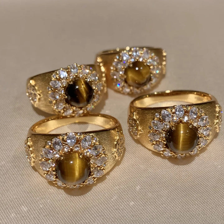 Bague De Luxe Vintage En Œil De Tigre Naturel Avec Strass Scintillants