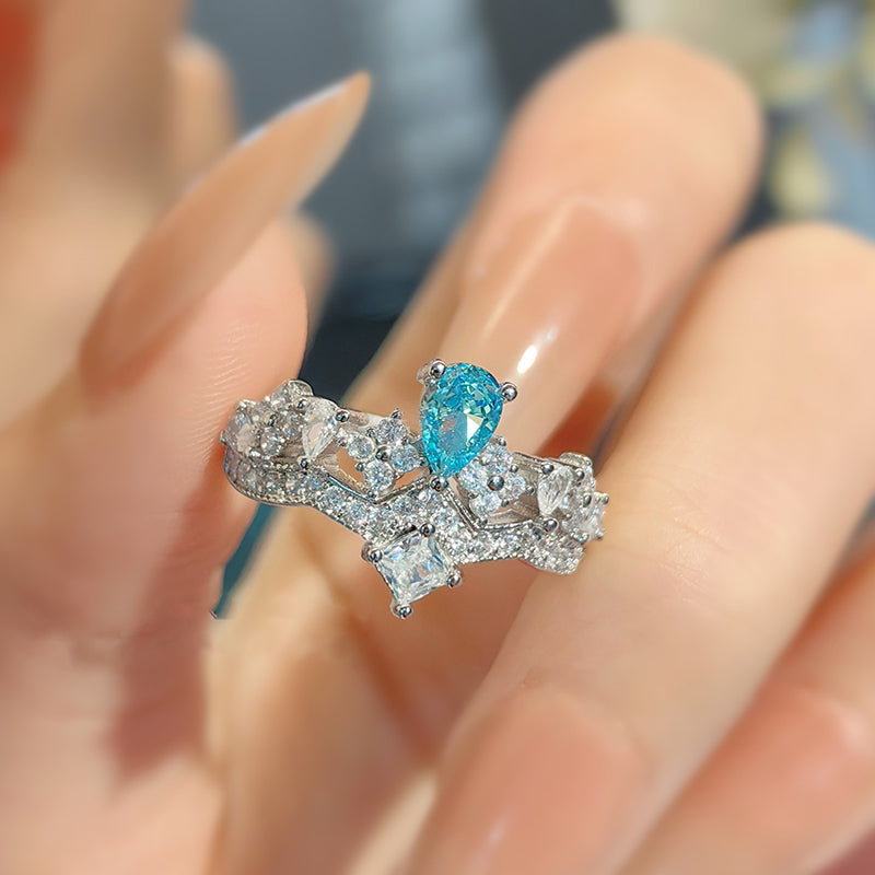 Bague Ajustable Haut De Gamme Avec Couronne En Strass Bleu