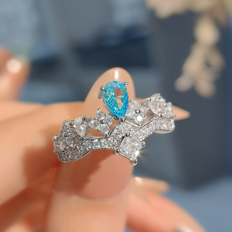 Bague Ajustable Haut De Gamme Avec Couronne En Strass Bleu