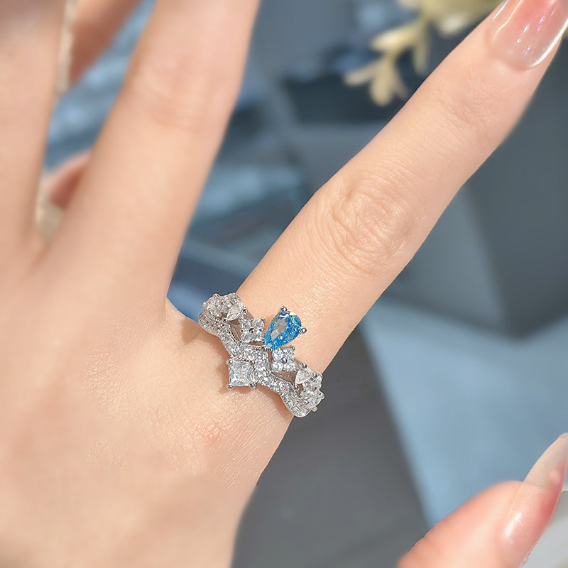 Bague Ajustable Haut De Gamme Avec Couronne En Strass Bleu