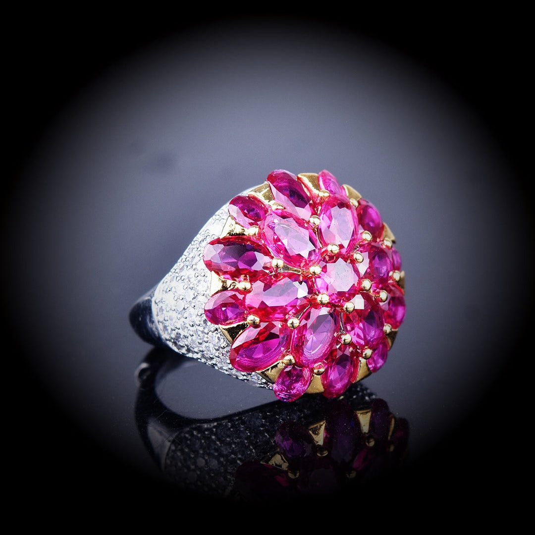 Bague Vintage Haut De Gamme En Strass Avec Fleur Conique Fuchsia