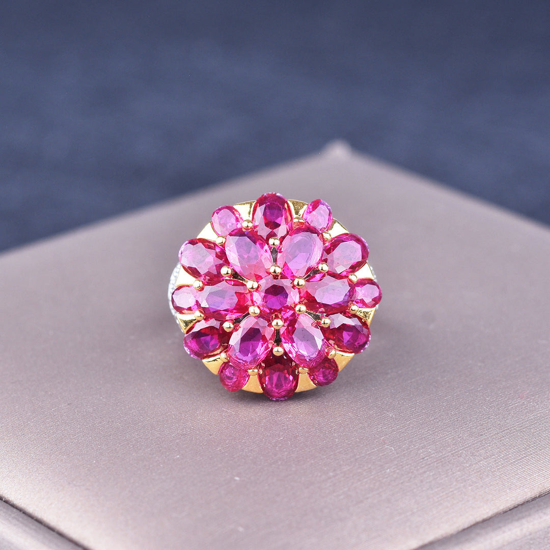 Bague Vintage Haut De Gamme En Strass Avec Fleur Conique Fuchsia