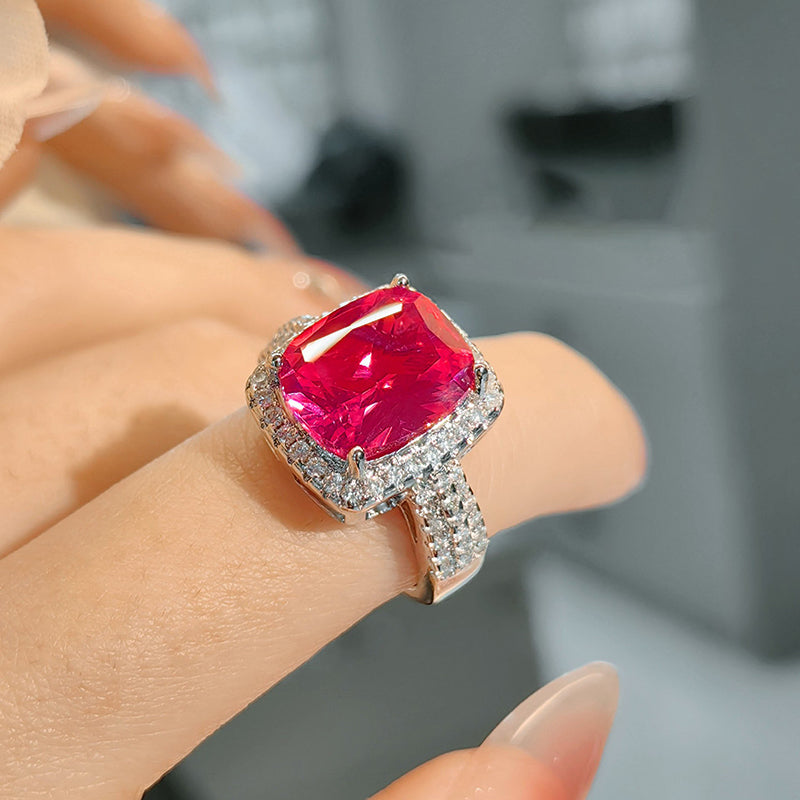 Bague Élégante De Luxe Vintage Rectangulaire En Pierres Précieuses Rouges