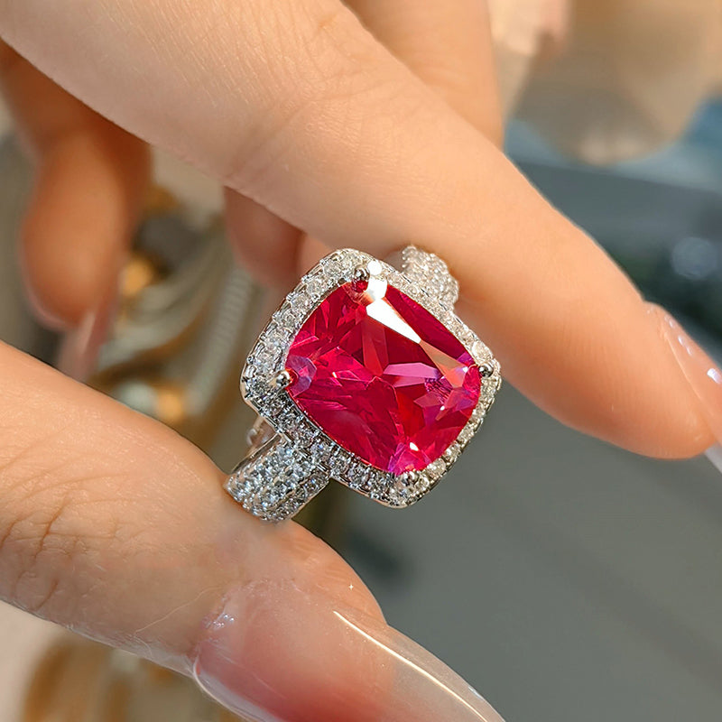 Bague Élégante De Luxe Vintage Rectangulaire En Pierres Précieuses Rouges