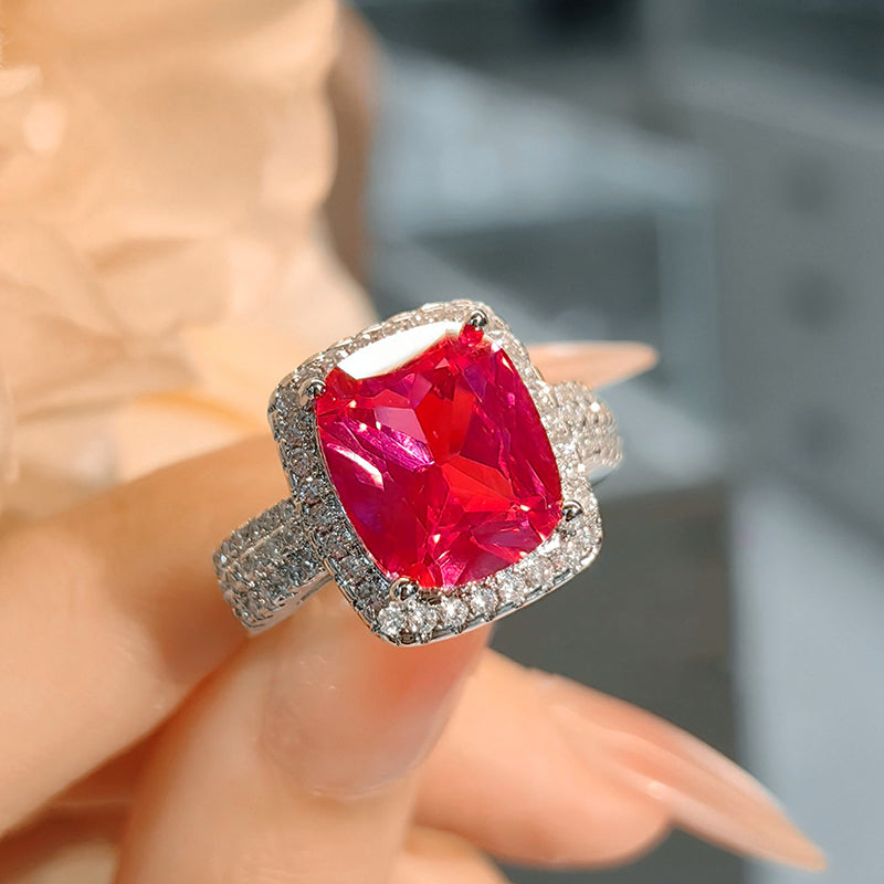 Bague Élégante De Luxe Vintage Rectangulaire En Pierres Précieuses Rouges