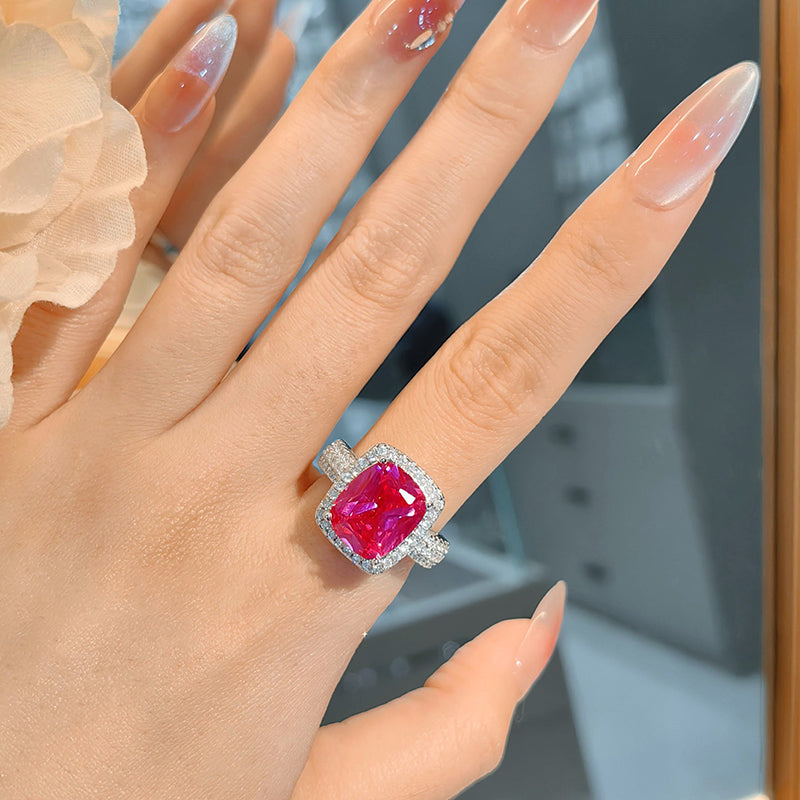 Bague Élégante De Luxe Vintage Rectangulaire En Pierres Précieuses Rouges