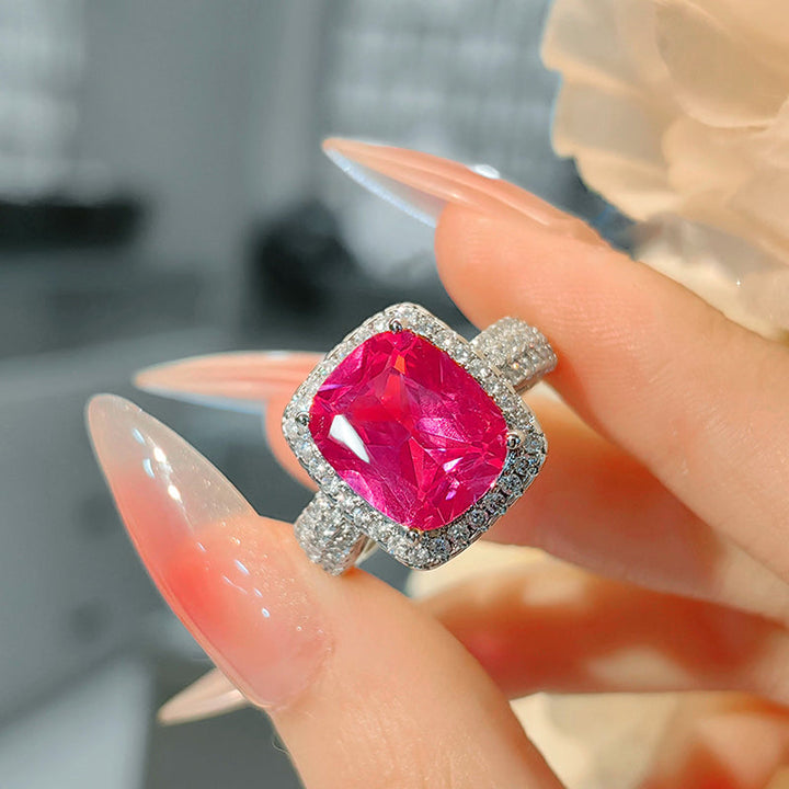 Bague Élégante De Luxe Vintage Rectangulaire En Pierres Précieuses Rouges