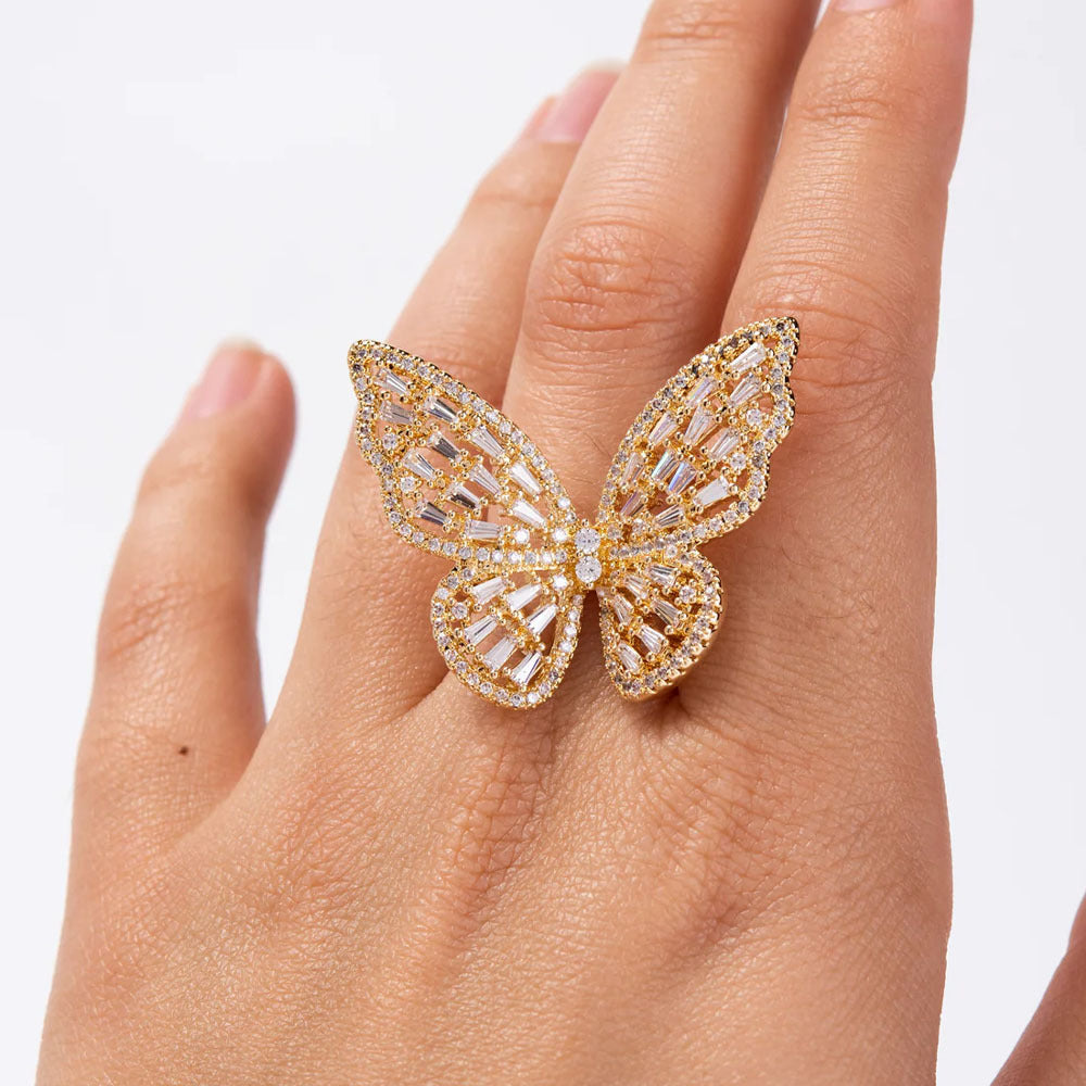 Bague Ajustable En Forme D'Insecte Avec Papillon Découpé En Zircone Délicate