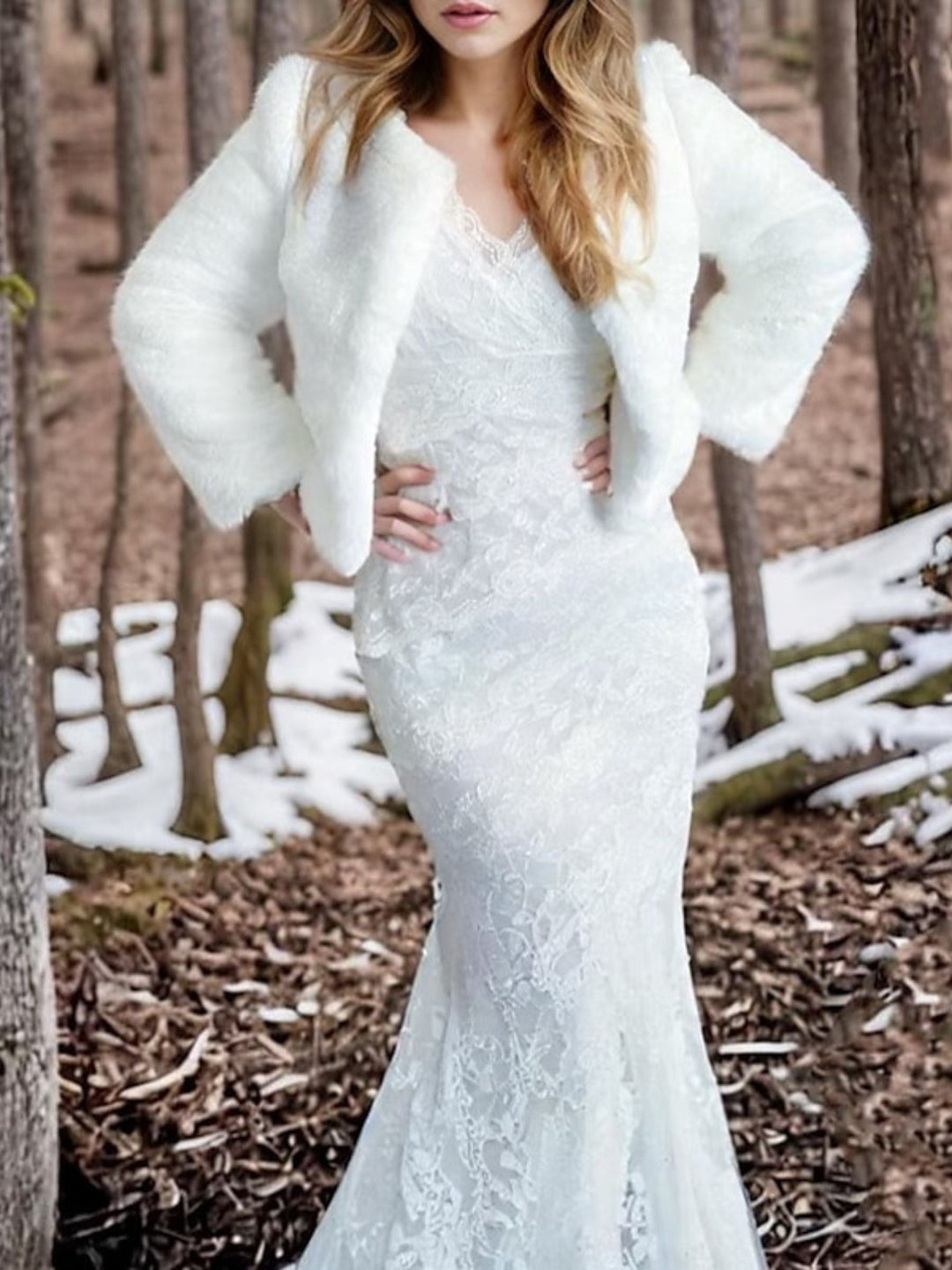 Veste Portefeuille Élégante en Fausse Fourrure à Manches Longues pour Femme, Couleur Unie, Blanche