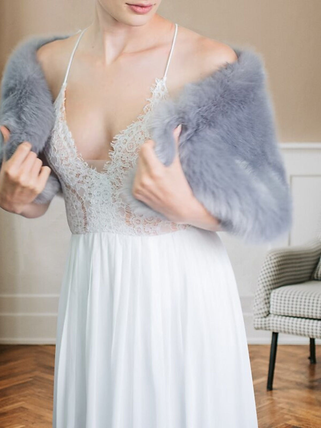 Châle Élégant en Fausse Fourrure Bleu Poudré pour Femme, Luxueux, Sans Manches