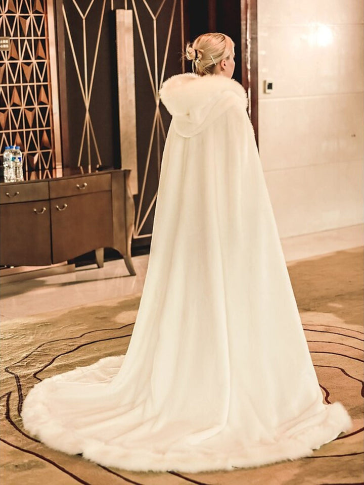 Cape Portefeuille Longue en Fausse Fourrure Blanche Rétro Élégante pour Femmes avec Cravate