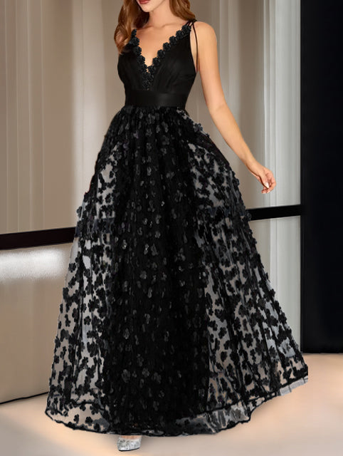 Robe de Soirée Trapèze/Princesse à Col en V Sans Manches, Longueur Cheville, avec Broderie