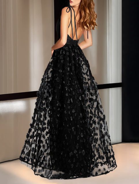 Robe de Soirée Trapèze/Princesse à Col en V Sans Manches, Longueur Cheville, avec Broderie