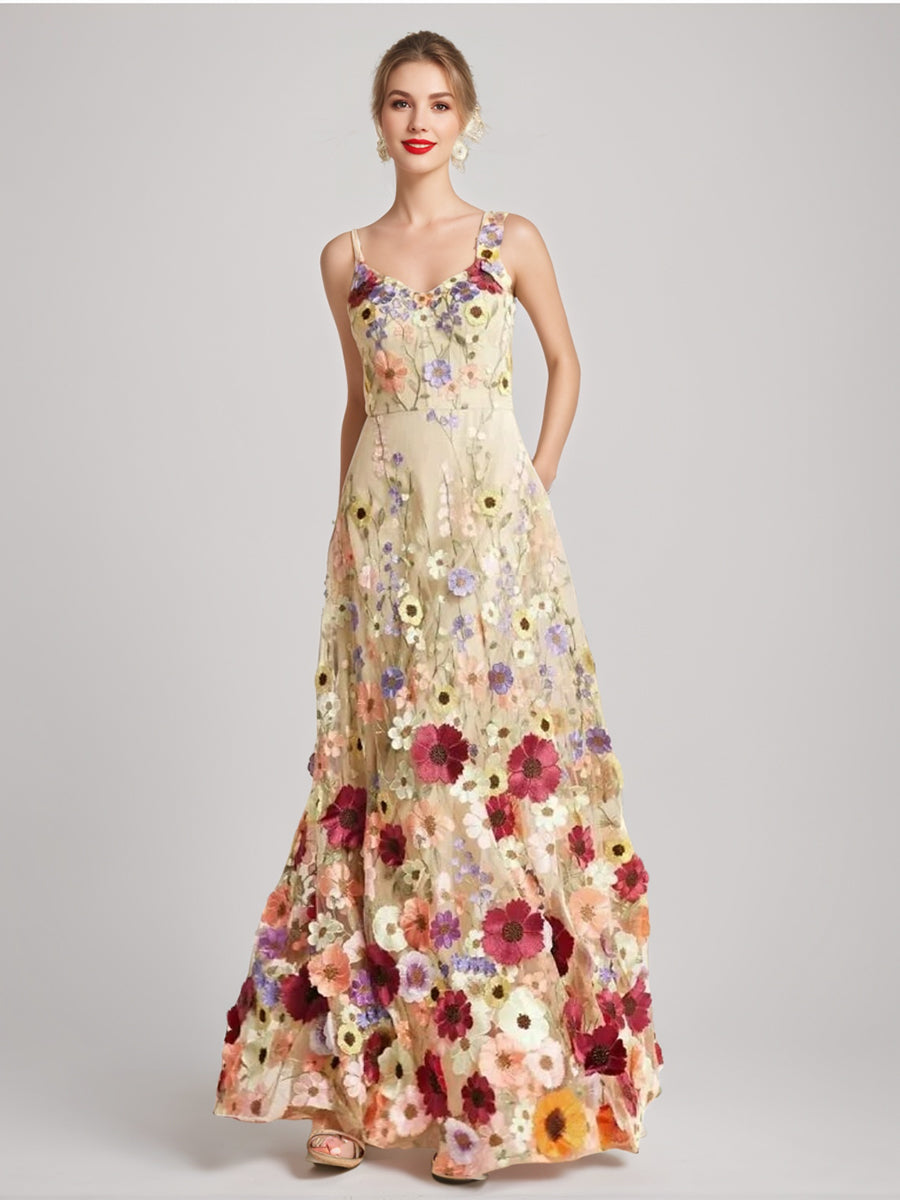 Robe De Soirée Élégante, Coupe Trapèze/Princesse, Bretelles Spaghetti, Sans Manches, Longueur Au Sol, Avec Imprimé Floral