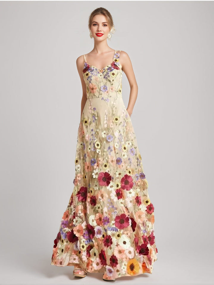 Robe De Soirée Élégante, Coupe Trapèze/Princesse, Bretelles Spaghetti, Sans Manches, Longueur Au Sol, Avec Imprimé Floral