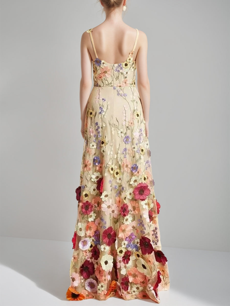 Robe De Soirée Élégante, Coupe Trapèze/Princesse, Bretelles Spaghetti, Sans Manches, Longueur Au Sol, Avec Imprimé Floral