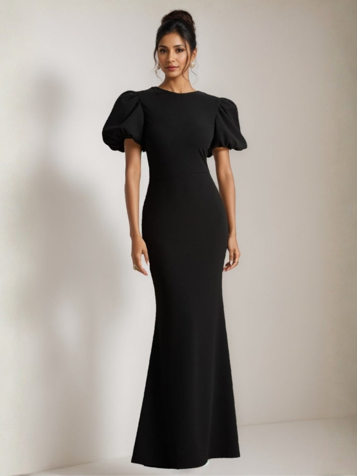 Robe Sirène Longue Noire à Manches Bouffantes avec Détail Nœud