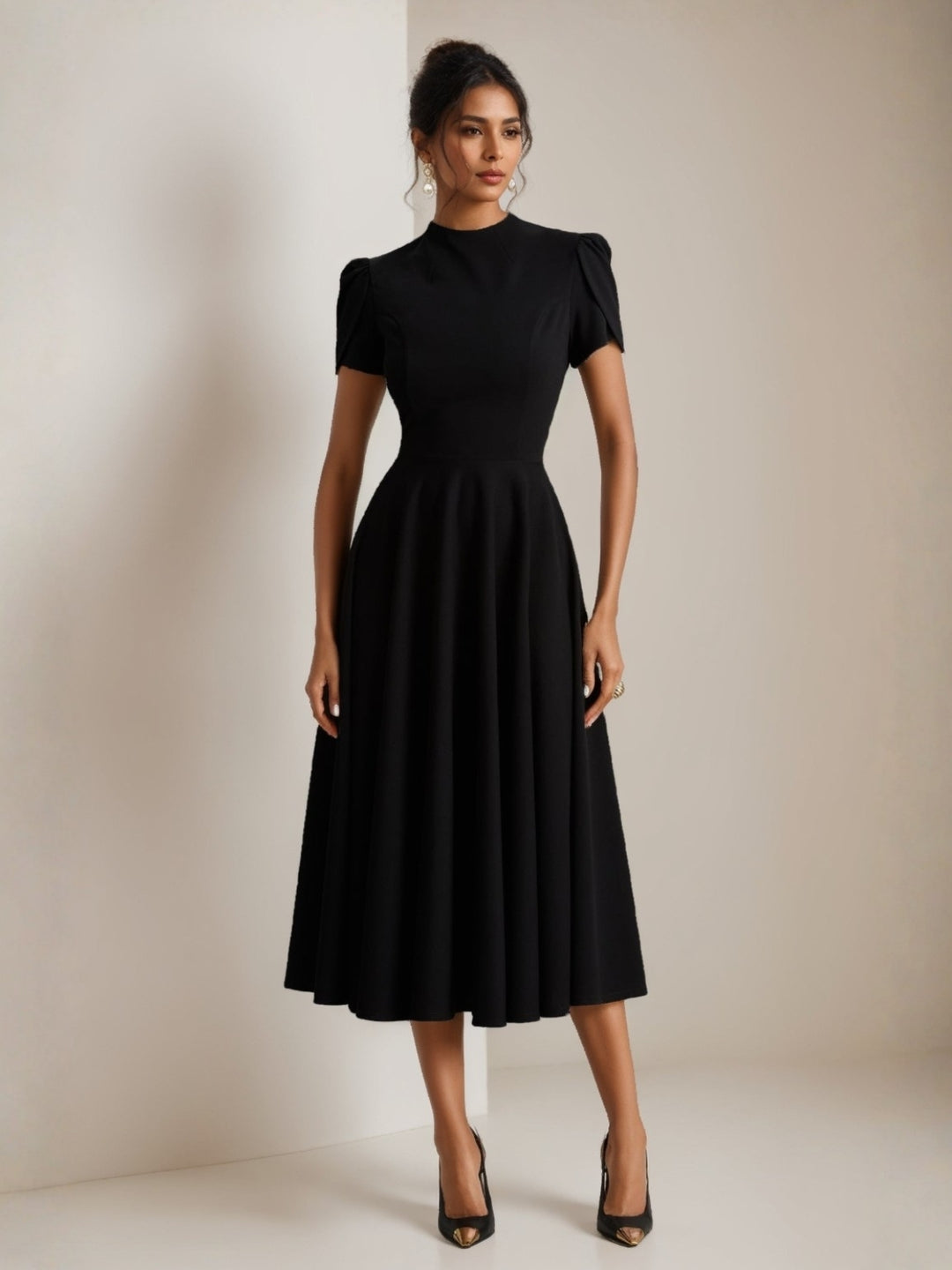 Robe Mi-Longue Col Montant Manches Bouffantes