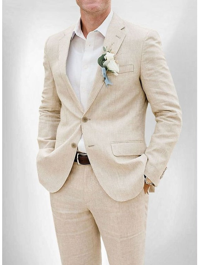 Costumes 2 Pièces en Lin de Couleur Unie à Simple Boutonnage et Deux Boutons pour Hommes, Coupe Ajustée