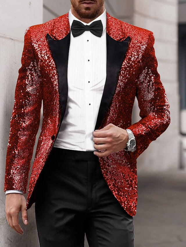 Veste de Soirée à Paillettes à Un Bouton et à Simple Boutonnage pour Homme, Coupe Ajustée, Couleur Or, Rouge, Bleu, Gris, Violet