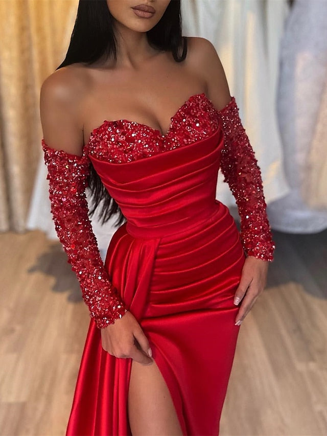 Robe de Bal Longue Fourreau/Colonne à Décolleté en Cœur avec Fente Sur le Côté et Paillettes