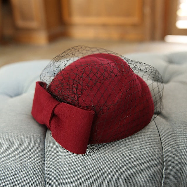 Chapeau Seau en Laine pour Femme, Chapeau Pilulier, Élégant, Rétro, avec Nœud(S), Couvre-Chef en Tulle
