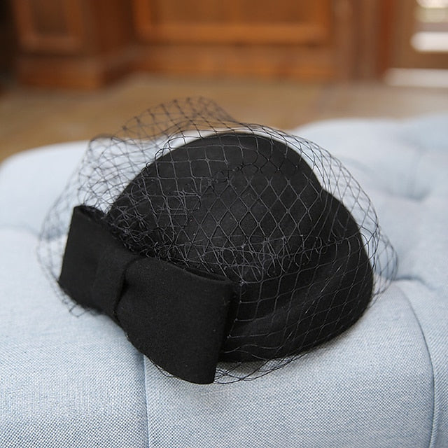 Chapeau Seau en Laine pour Femme, Chapeau Pilulier, Élégant, Rétro, avec Nœud(S), Couvre-Chef en Tulle