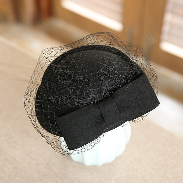 Chapeau Seau en Laine pour Femme, Chapeau Pilulier, Élégant, Rétro, avec Nœud(S), Couvre-Chef en Tulle