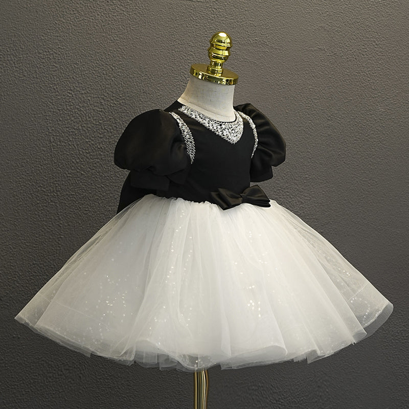 Robe de Bal à Manches Courtes et Longueur Genou pour Bébé Fille avec Nœud et Strass