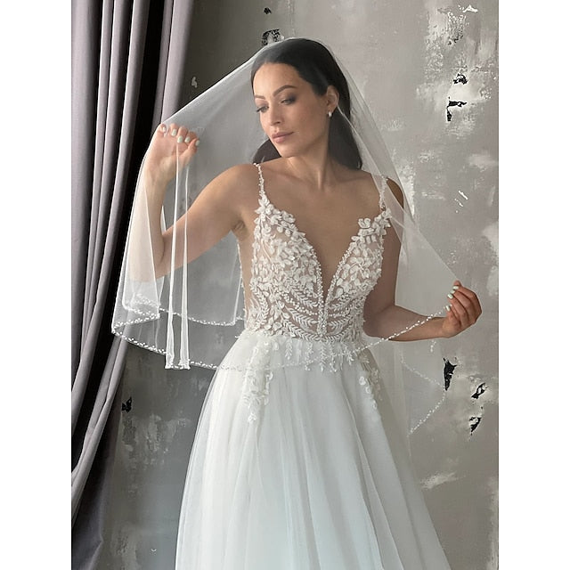 Voile de Chapelle de Mariage Élégant / Simple à Un Niveau avec Tulle Perlé