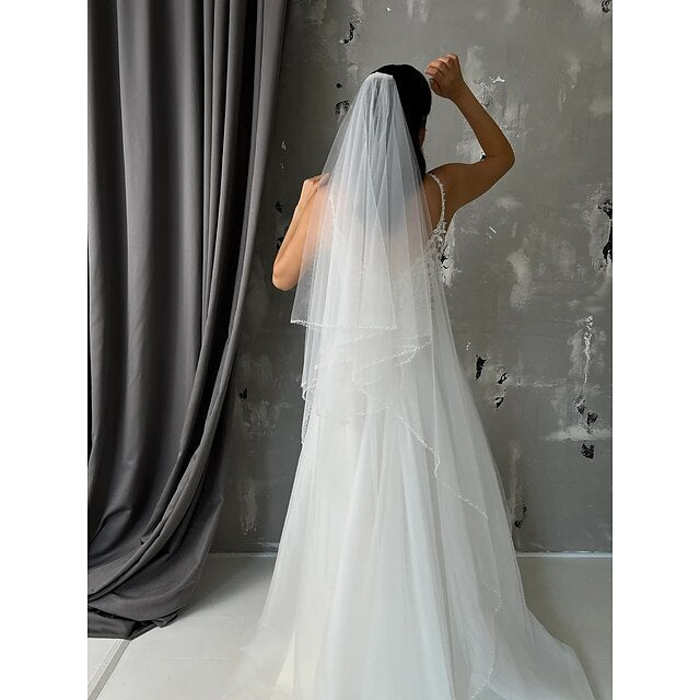 Voile de Chapelle de Mariage Élégant / Simple à Un Niveau avec Tulle Perlé