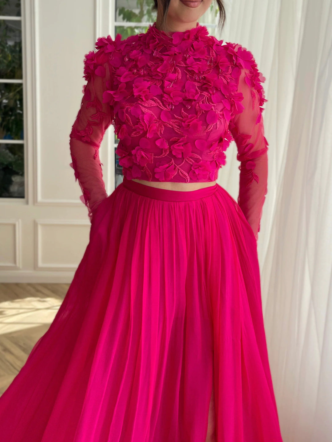 Robe de Bal Longue à Col Haut et Fente Latérale, Coupe A-Line/Princess