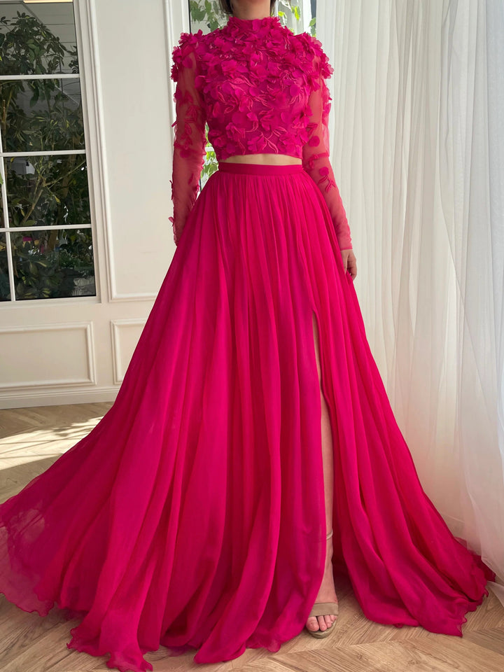 Robe de Bal Longue à Col Haut et Fente Latérale, Coupe A-Line/Princess