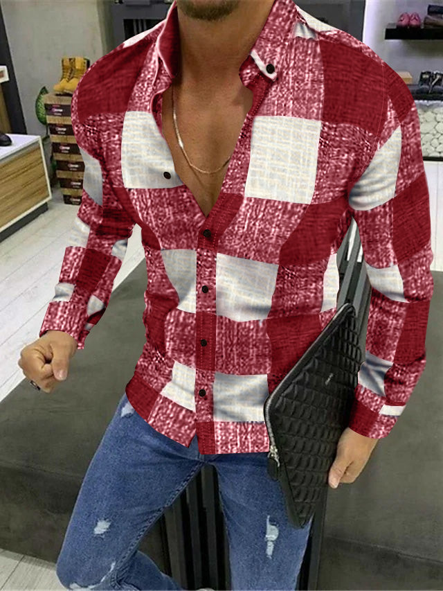 Chemise Décontractée à Manches Longues en Coton Mélangé à Carreaux et Blocs de Couleurs pour Hommes