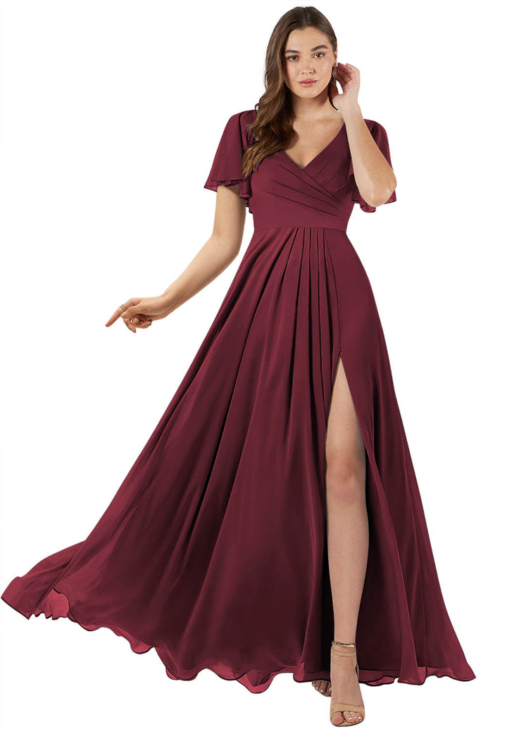 Robe de Demoiselle D'Honneur Coupe A-Line/Princesse, Col en V, Manches Courtes, Longueur Au Sol