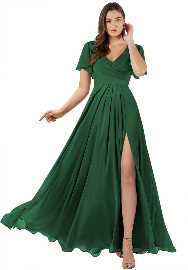 Robe de Demoiselle D'Honneur Coupe A-Line/Princesse, Col en V, Manches Courtes, Longueur Au Sol