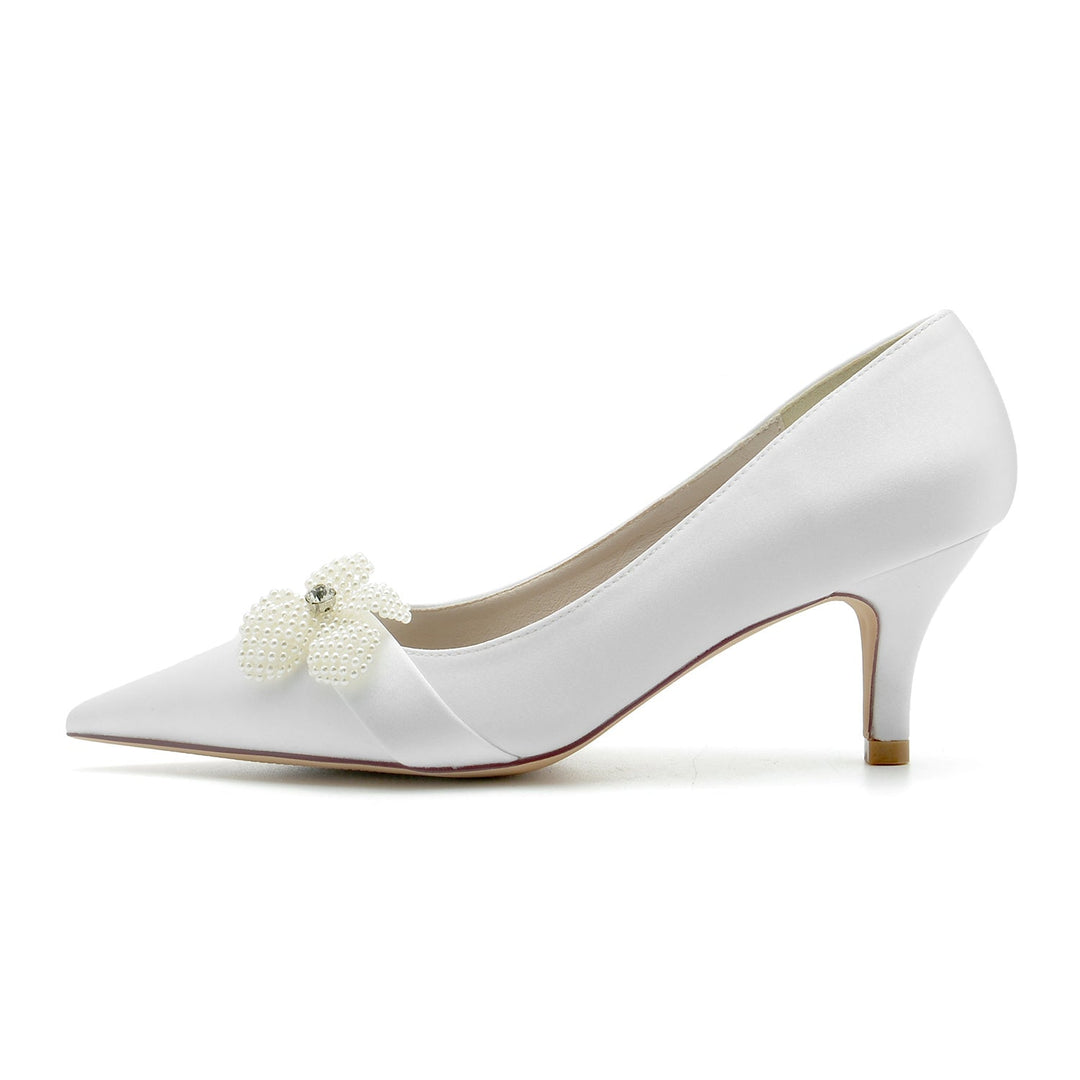 Chaussures de Mariage pour Femmes, Chaussures de Mariée à Bout Pointu et Talon Moyen avec Perles Blanches et Fleurs