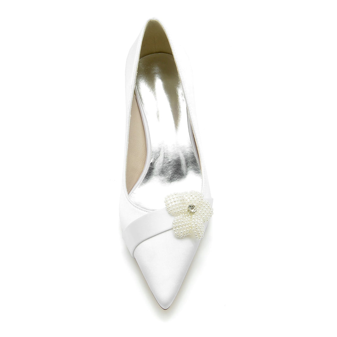 Chaussures de Mariage pour Femmes, Chaussures de Mariée à Bout Pointu et Talon Moyen avec Perles Blanches et Fleurs