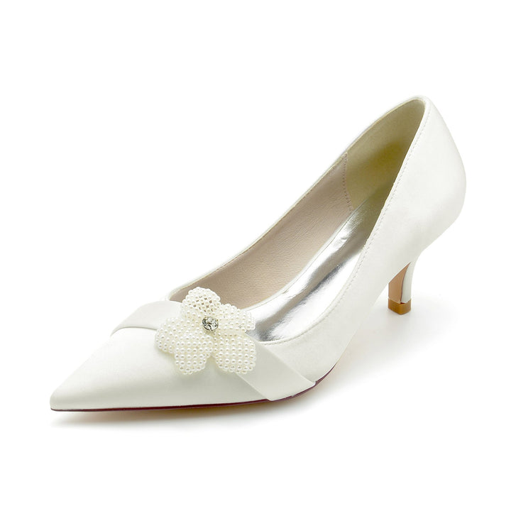 Chaussures de Mariage pour Femmes, Chaussures de Mariée à Bout Pointu et Talon Moyen avec Perles Blanches et Fleurs