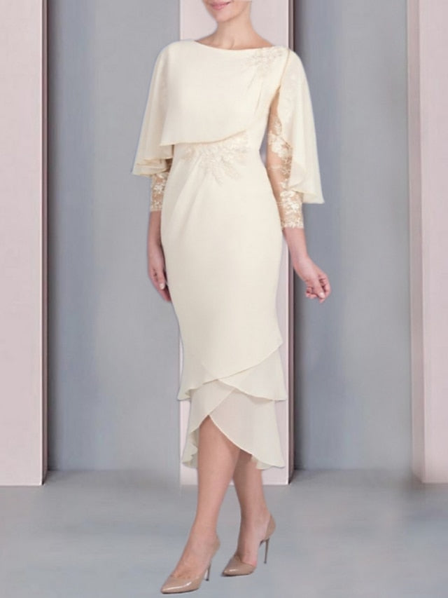 Robe de Mère de la Mariée Fourreau/Colonne à Manches Courtes et Longueur Thé avec Appliques et Dentelle