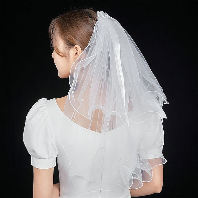 Voile de Mariée Personnalisé à Deux Niveaux / Perles avec Fausse Perle / Nœud en Satin Tulle