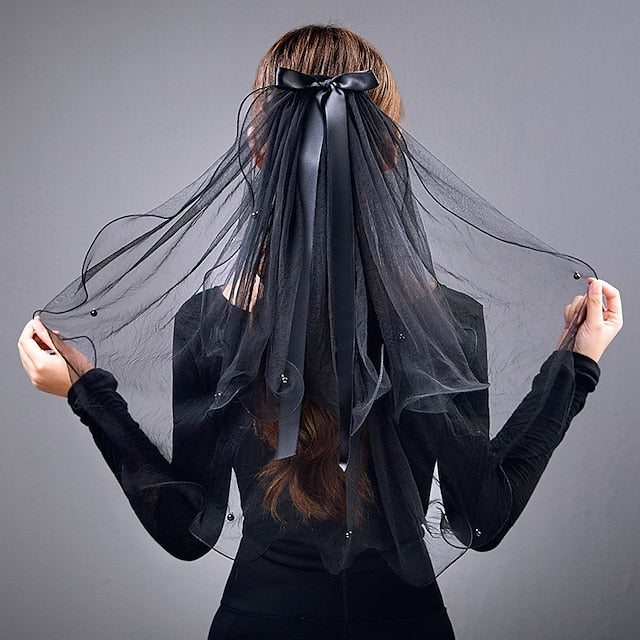 Voile de Mariée Personnalisé à Deux Niveaux / Perles avec Fausse Perle / Nœud en Satin Tulle