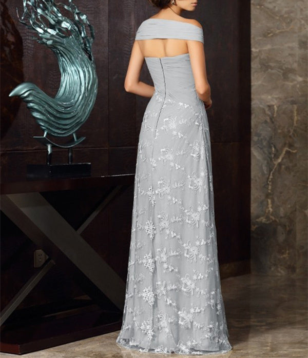 Robe de Mère de la Mariée en Mousseline de Soie à Manches Courtes et Épaules Dénudées, Coupe A-Line/Princess, avec Appliques en Dentelle