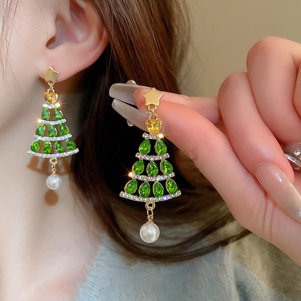 Boucles D'Oreilles Pendantes en Perles et Strass en Forme de Sapin de Noël
