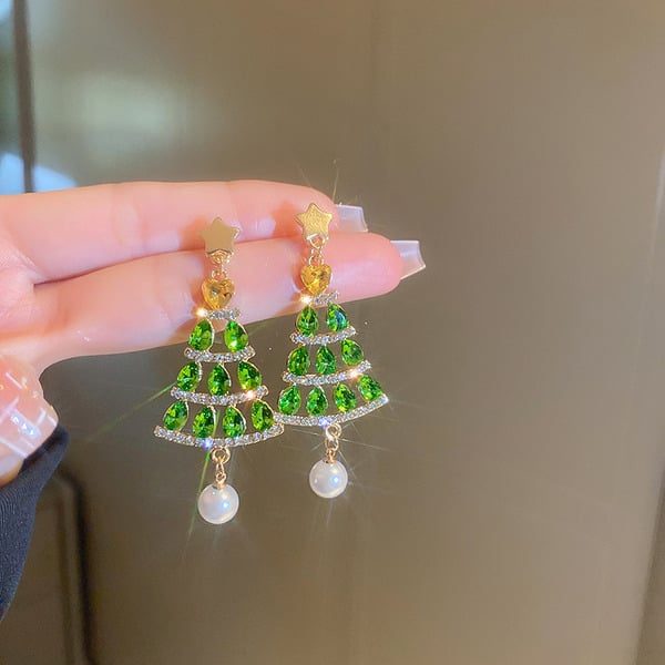 Boucles D'Oreilles Pendantes en Perles et Strass en Forme de Sapin de Noël