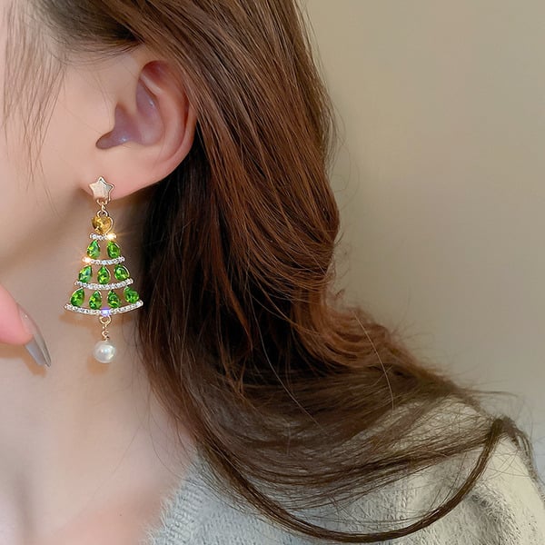 Boucles D'Oreilles Pendantes en Perles et Strass en Forme de Sapin de Noël
