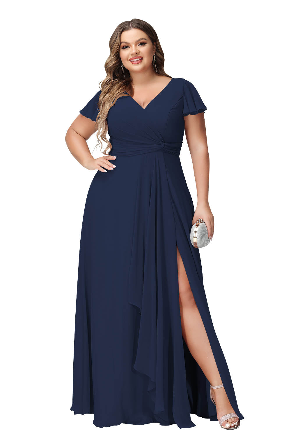 Robe de Mariée Longue à Col en V et Fente Sur le Côté, Coupe A-Line/Princess