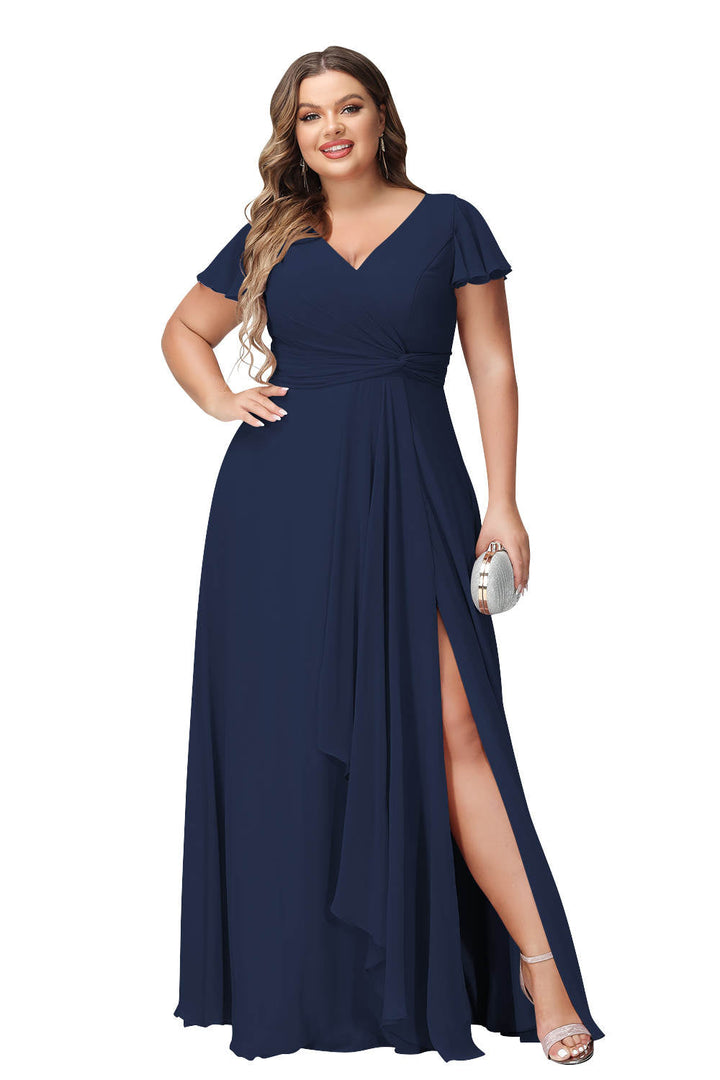 Robe de Mariée Longue à Col en V et Fente Sur le Côté, Coupe A-Line/Princess